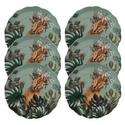 Maisons Du Monde Assiette à Dessert En Faïence Multicolore Motif Tropical Et Lynx - Lot De 6