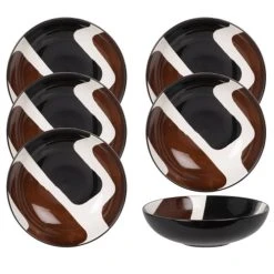 Maisons Du Monde Assiette Creuse En Grès Blanc, Marron Et Noir - Lot De 6