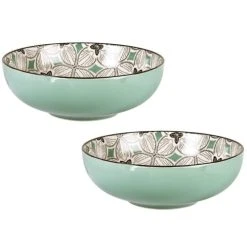 Maisons Du Monde Assiette Creuse En Grès Motifs Graphiques Bleu Gris, Verts Et Blancs - Lot De 2