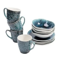 Kare Design Lot 4 Mugs, 4 Assiettes Creuses, 4 Assiettes Plates En Grès Bleu